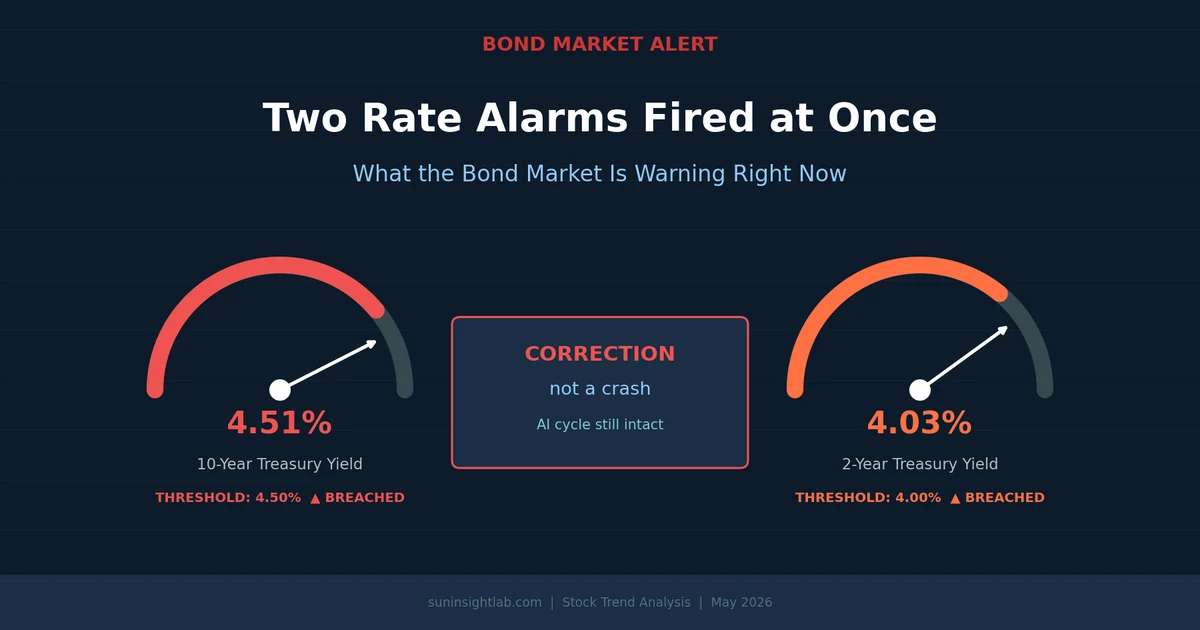 Two yield gauges showing the 10-year Treasury at 4.51% and 2-year at 4.03%, labelled correction not a crash