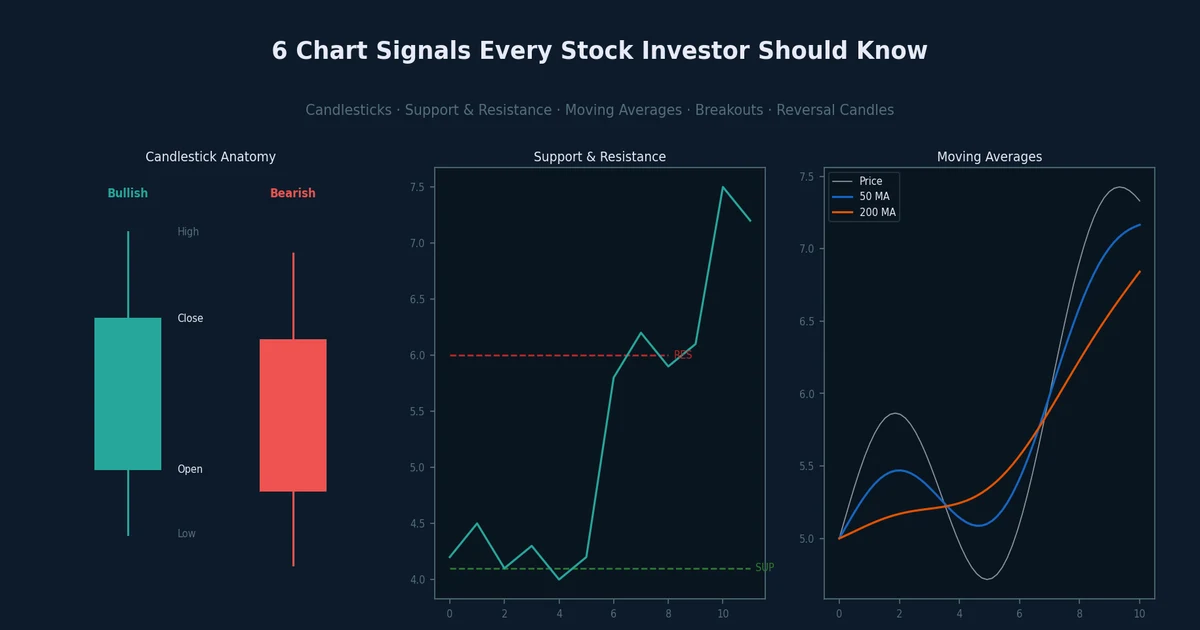 Illustration of a stock chart with candlesticks, trend lines, and moving averages