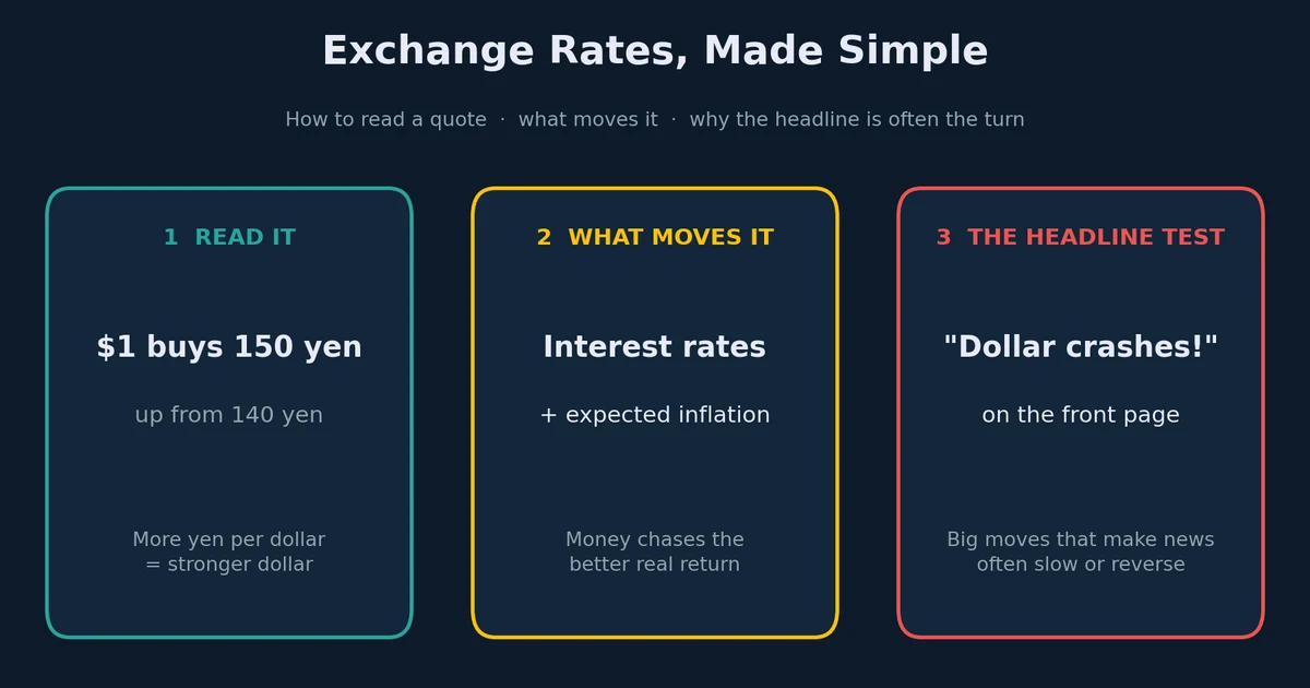 Three cards: reading a quote (one dollar buys 150 yen, up from 140, so the dollar is stronger), what moves it (interest rates plus expected inflation), and the headline test (big moves that make the news often slow or reverse)
